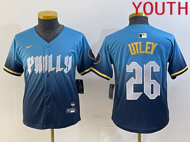 Youth Philadelphia Phillies #26 Utley Blue City Edition 2024 Nike MLB Jersey style 1